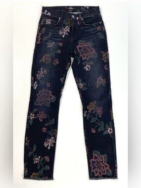 7 Seven For All Mankind Black Floral Print Raw Hem Skinny Jeans Size 25 Pants